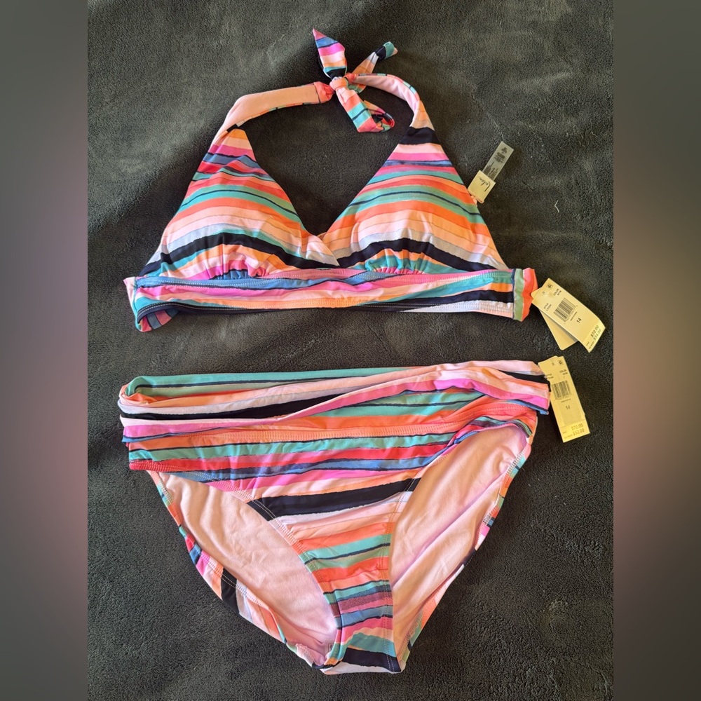 Leilani Women’s Pink and Blue Striped Bikini Swim Set Size 14